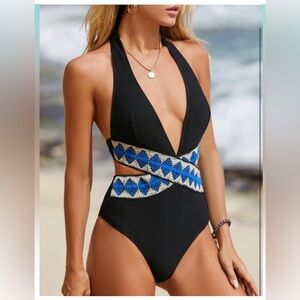 NWT Cupshe Deep V Neck Halter Back Self Tie Cutout One Piece Geometric Swimsuit